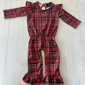 Christmas Red Plaid BOWTISM Jumpsuit Size 2T 100% Knit Cotton
